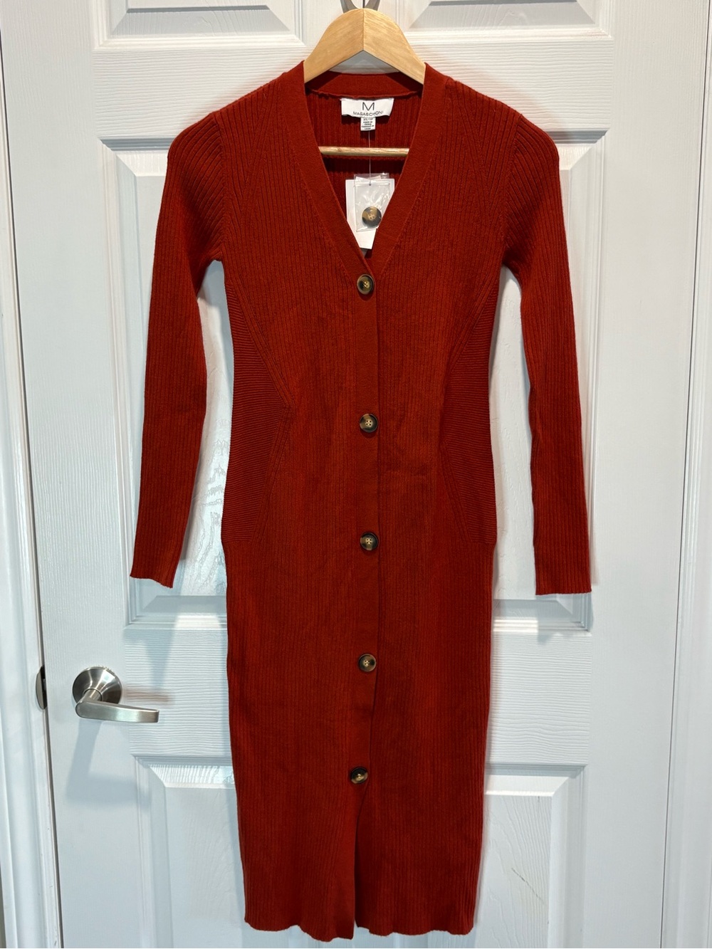 NWT Magaschoni Rust Ribbed Button Front Knit Dress, Size XS